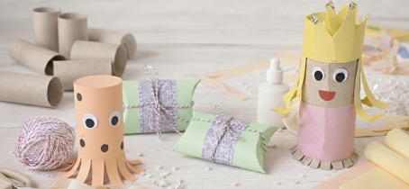 Collage mit kreativen Bastelideen für Kinder aus Klorollen, inklusive bunter Figuren, Tiere und Spielzeuge.