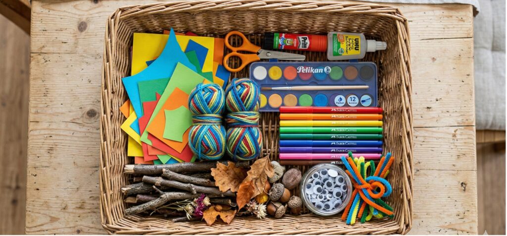 Ein Korb mit Bastelutensilien wie Kleber, Stifte, Papier, Stöcke und andere Naturmaterialien