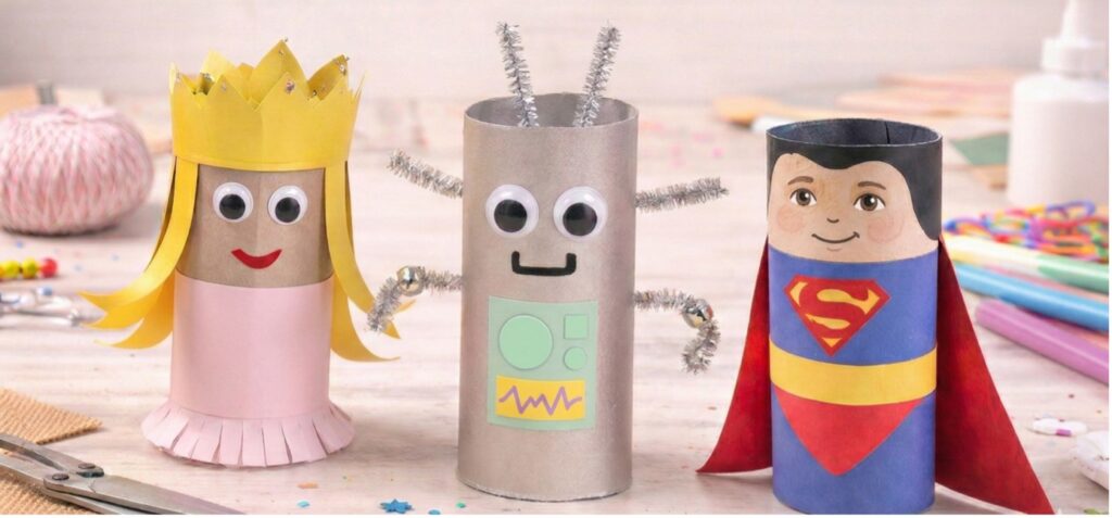 Kreative Spielfiguren aus Klorollen basteln: Eine bunter Prinzessin, ein kleiner Roboter und ein Superheld für Kinder.