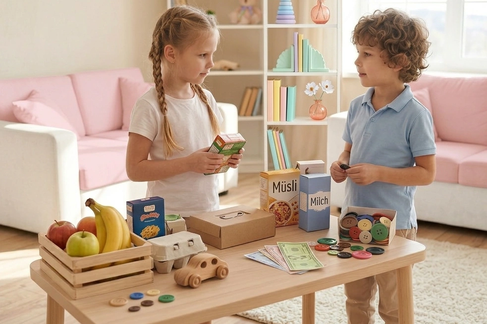 Zwei Kinder spielen "Einkaufen" an einem Tisch, auf dem Spielzeug-Lebensmittel, Eierkartons und Spielgeld liegen. Das Zimmer ist hell und freundlich gestaltet, mit pastellrosa Kissen auf dem Sofa und dekorativen Elementen im Regal.