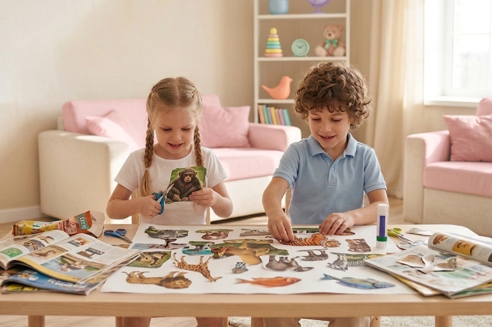 Ein Mädchen und ein Junge sitzen an einem Tisch und basteln eine Collage aus Tierbildern. Im Hintergrund sind zwei rosa Sofas mit passenden Kissen und ein Regal mit pastellfarbenen Details zu sehen.