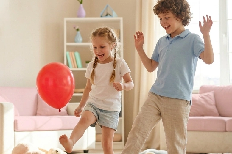 Ein Junge und ein Mädchen tanzen ausgelassen in einem hellen Raum mit Luftballon auf einem Teppich. Das Interieur ist in sanften Cremetönen und Pastellrosa gehalten, ergänzt durch bunte Akzente im Hintergrundregal.