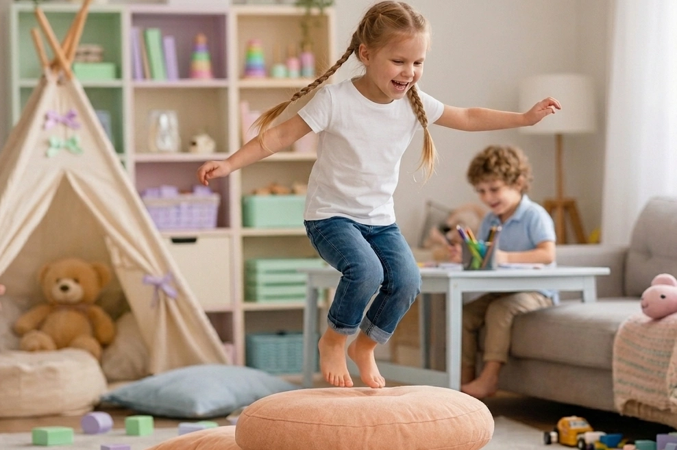 Zwei Kinder spielen im Wohnzimmer und haben einen Parcours aus Kissen auf dem Boden liegen