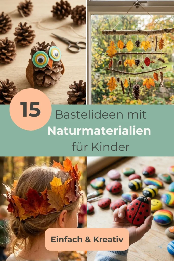 Eine Collage mit dem Titel „15 Bastelideen mit Naturmaterialien für Kinder“. Gezeigt werden vier herbstliche Bastelprojekte: Eine kleine Eule aus einem Pinienzapfen und Filz, ein hängendes Mobile aus Ästen, bunten Blättern und Eicheln vor einem Fenster, ein Kind, das eine Krone aus herbstlichen Ahornblättern trägt, und bunt bemalte Steine, die wie Marienkäfer und Bienen aussehen. Das Design ist in sanften Grün- und Naturtönen gehalten.
