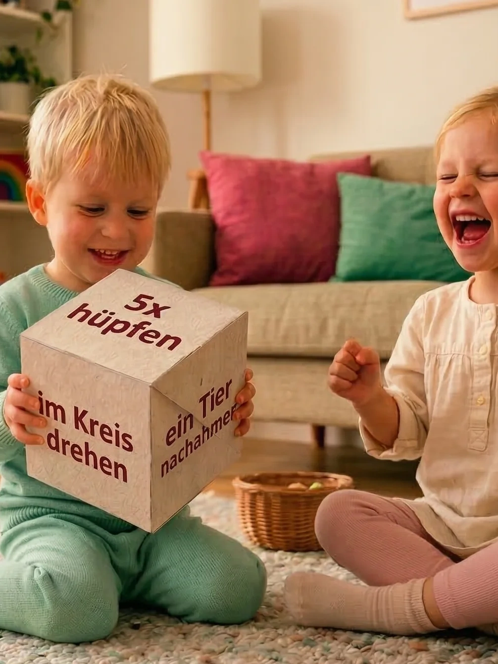 Kinder spielen mit einem selbstgebastelten Bewegungswürfel im Wohnzimmer. Auf dem Würfel steht: 5x Hüpfen.