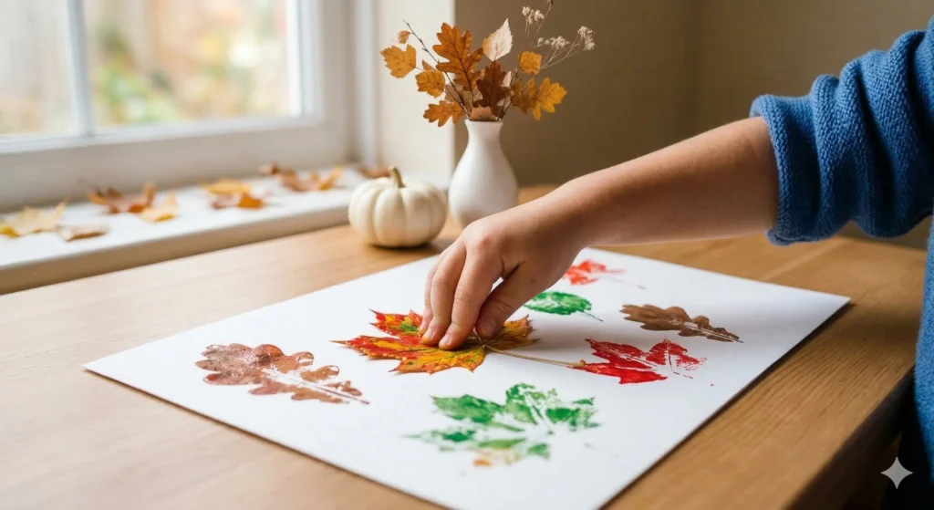 Kinder machen Blätterdruck mit Farbe – kreative Bastelidee mit Naturmaterialien