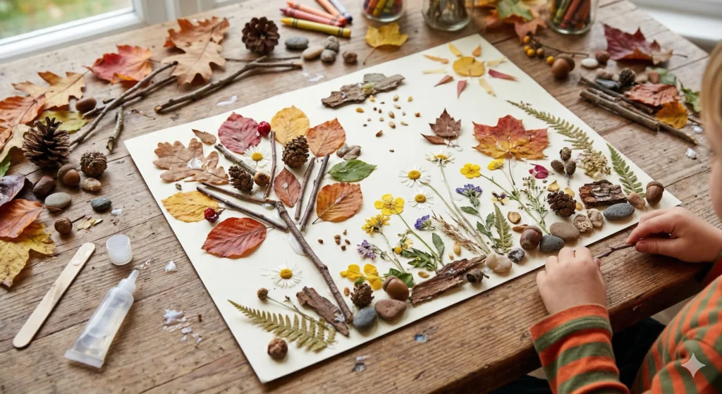 Natur-Collage aus Blättern, Blumen und Zweigen – Bastelidee mit Naturmaterialien für Kinder