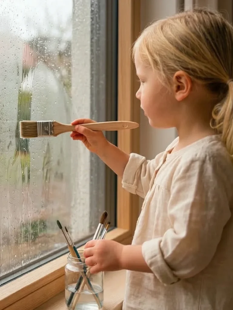 Kind malt mit Wasser auf die Fensterscheibe an einem Regentag