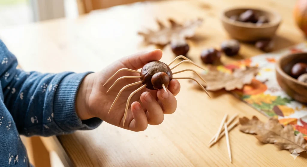Kind hält eine Spinne aus Kastanien und Zahnstocher – Naturmaterialien sammeln für kreative Kinderideen