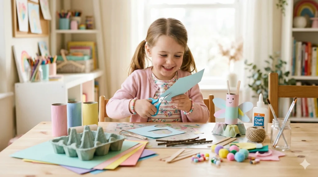 in lachendes Mädchen mit Zöpfen sitzt an einem hellen Holztisch und schneidet hellblaues Papier mit einer Schere. Vor ihr liegen bunte Bastelmaterialien wie Klorollen, Eierkartons, Holzstäbchen, Kleber und bunte Bommeln. Im Hintergrund sind Regale mit Büchern und Kunstwerken zu sehen.