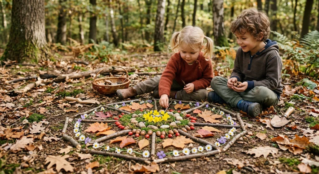 Kinder legen Natur-Mandala aus Blättern und Steinen im Wald – kreative Outdoor Aktivität