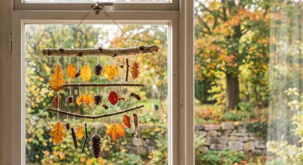 DIY Natur-Mobile mit Blättern und Zapfen am Fenster – einfache Bastelidee für Kinder
