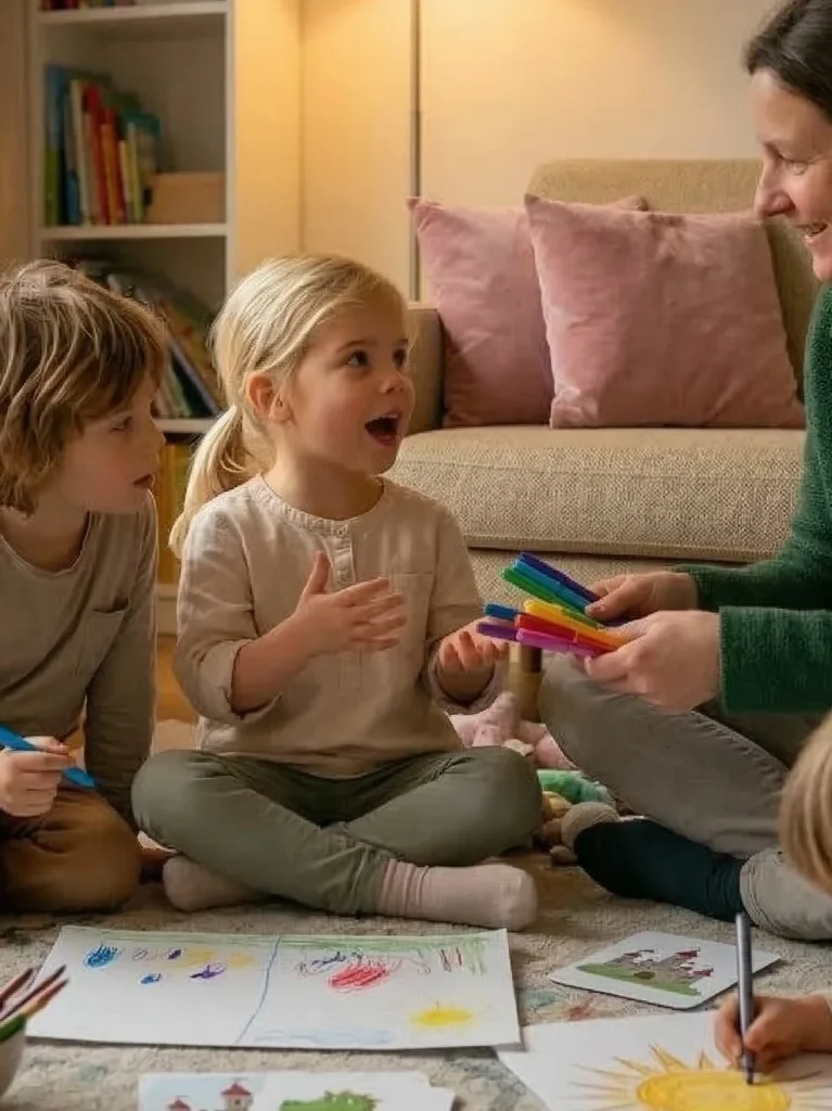 Kinder sitzen am Tisch und erfinden Regen-Geschichten mit Stiften und Papier