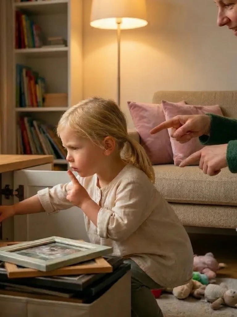 Kind sucht einen versteckten Schatz im Wohnzimmer bei Regen. Mutter gibt Hinweise.