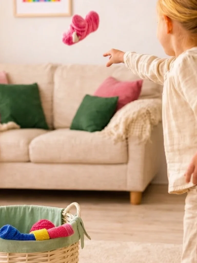 Kinder werfen zusammengerollte Socken in einen Korb als Spielidee für Kinder bei Regen.