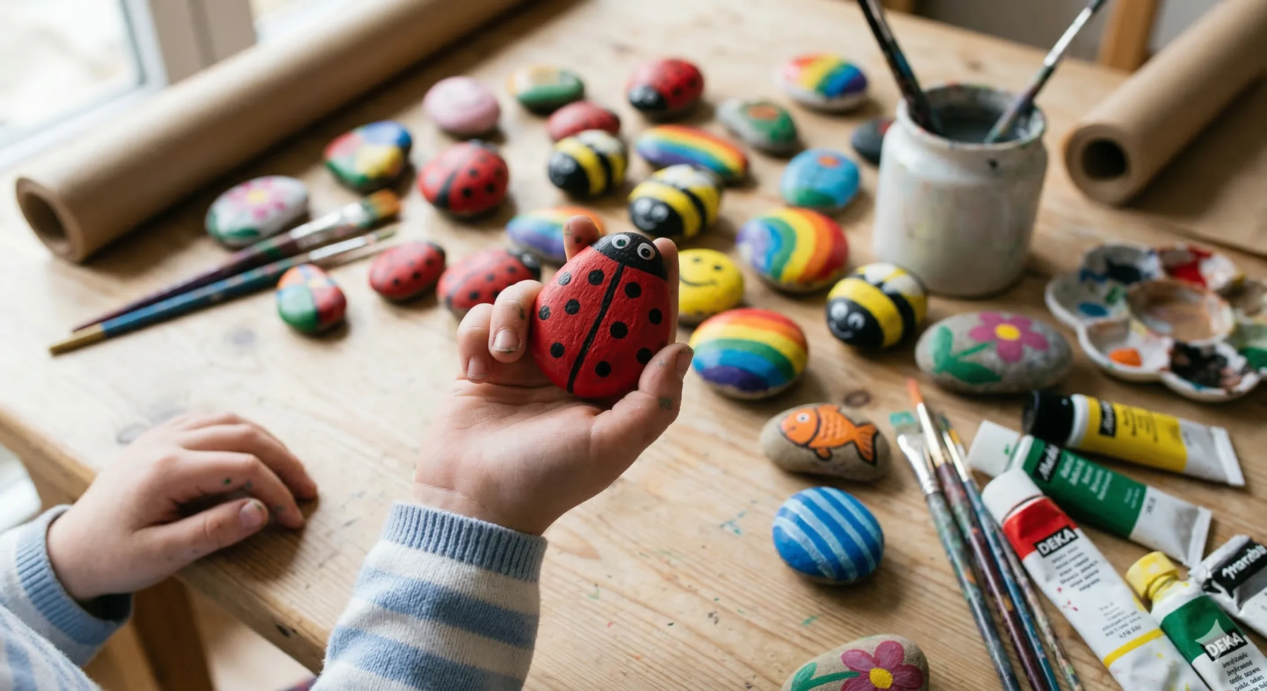 Bunt bemalte Steine als Marienkäfer – Basteln mit Naturmaterialien für Kinder