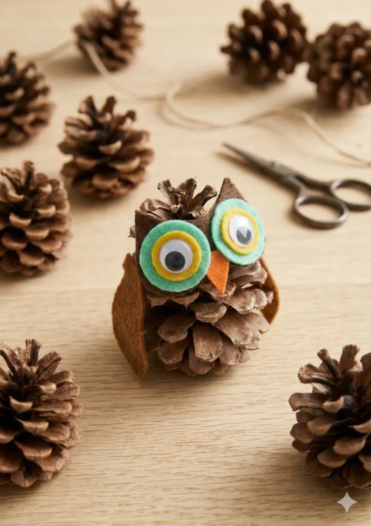 Kind bastelt Eule aus Tannenzapfen – einfache Bastelidee mit Naturmaterialien für Kinder