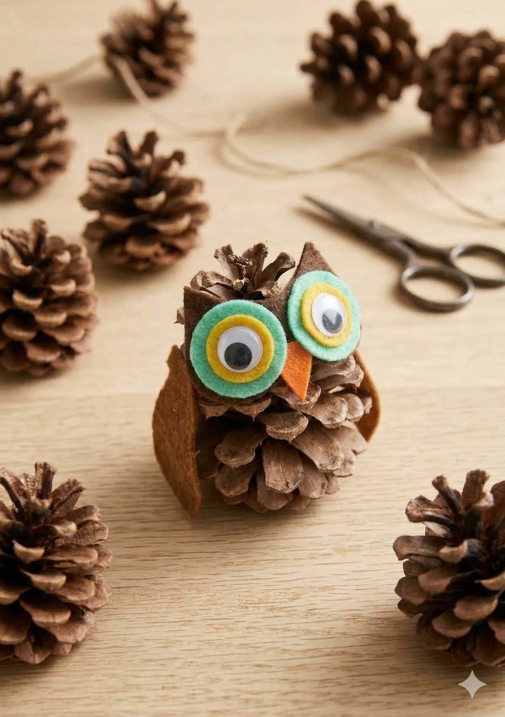Kind bastelt Eule aus Tannenzapfen – einfache Bastelidee mit Naturmaterialien für Kinder