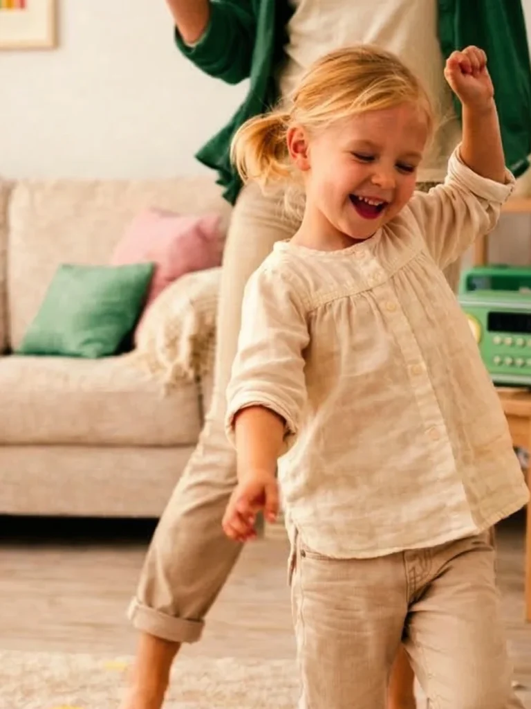 Mutter und Tochter tanzen im Wohnzimmer während einer Tanzparty bei Regen