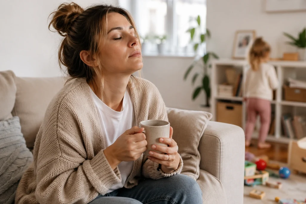 Eine müde Mutter sitzt mit einem Kaffee in der Hand auf dem Sofa, die Augen einen Moment lang geschlossen, das Kind im Hintergrund leicht verschwommen, gemütliches Wohnzimmer. Kinder beschäftigen sich nicht alleine