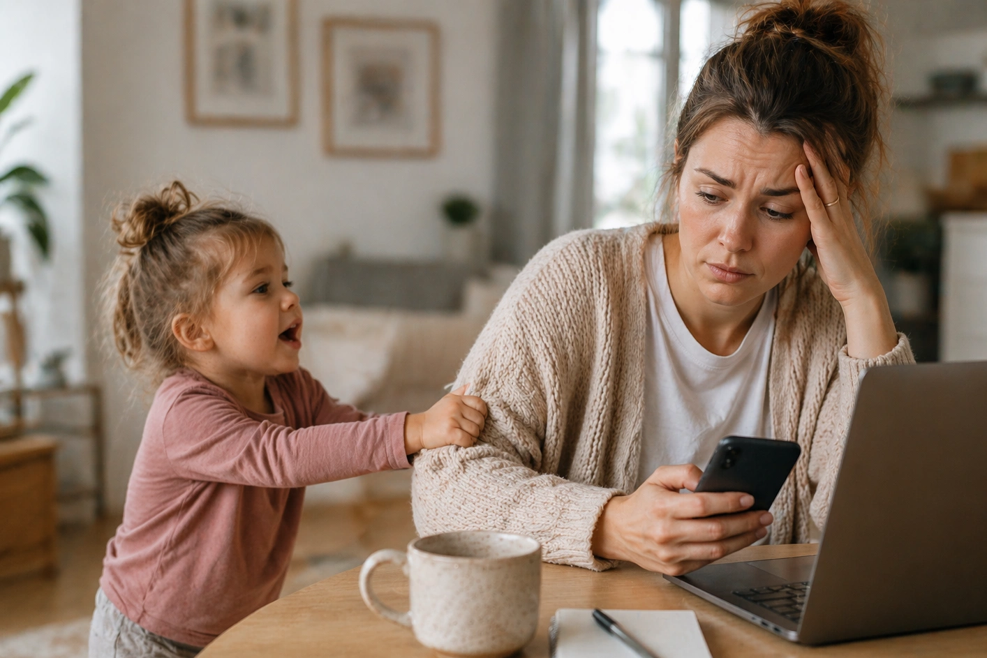 Ein kleines Kind steht neben seiner Mutter, die ein Handy oder einen Laptop benutzt. Das Kind sucht Aufmerksamkeit. Die Mutter ist etwas überfordert, aber ruhig.