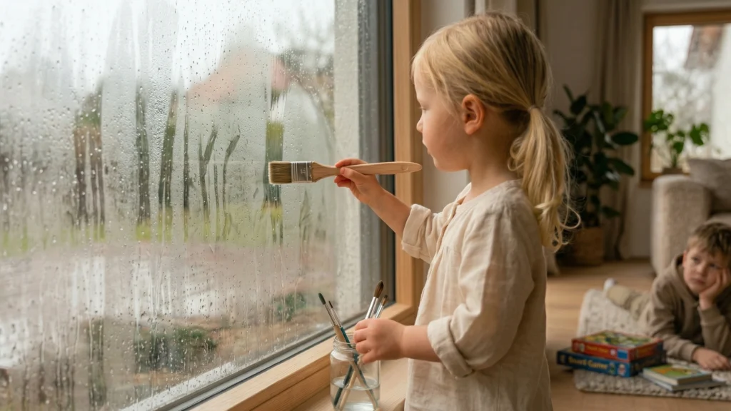 Kind malt auf Fenster. Es regnet draußen. Im Hintergrund sieht man einen gelangweilten Jungen am Boden liegen