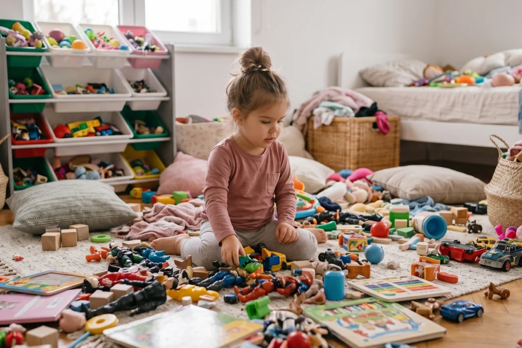 unordentliches Kinderzimmer voller Spielzeug, überfüllter Raum, zu viele bunte Gegenstände,