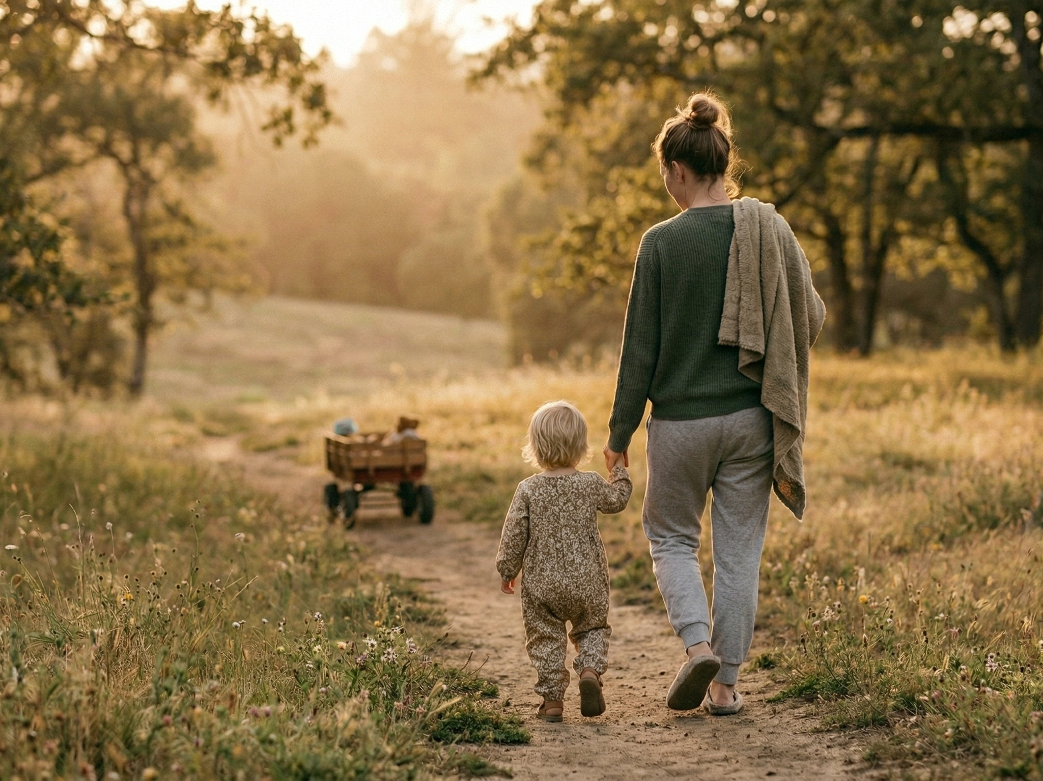 Mutter und Kind gehen Hand-in-Hand in der Natur spazieren.