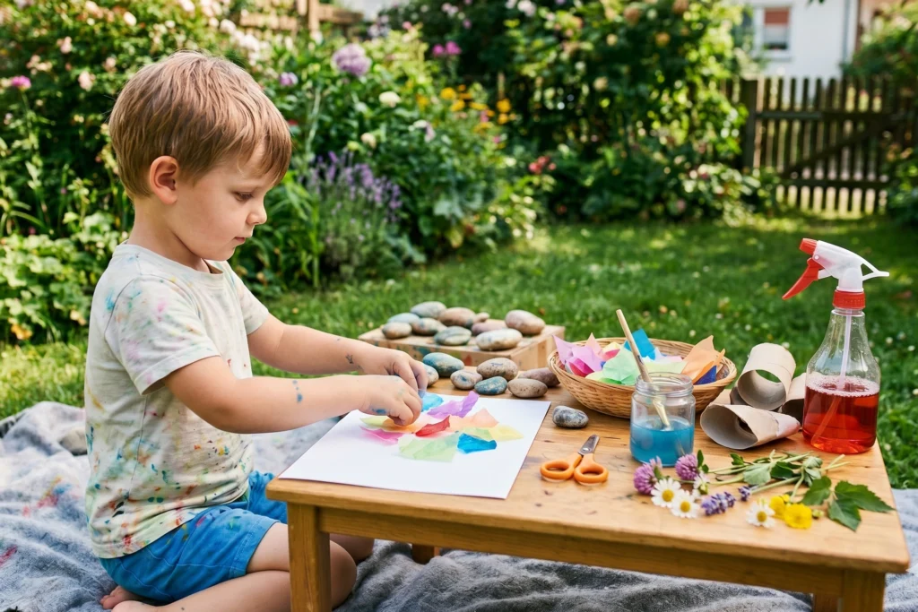 Junge sitzt im Garten und Bastelt. Bastelideen Sommer Kinder