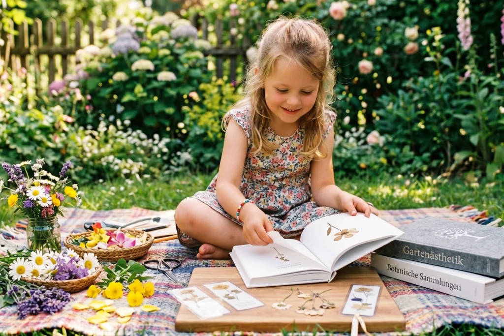Mädchen sitzt im Garten und presst Blumen in einem Buch