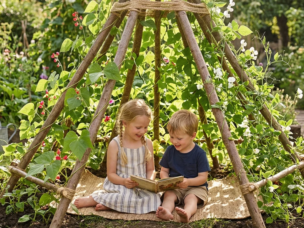 Kinder sitzen in einem Aus Ästen und Rankpflanzen gebauten Tipi und lesen.