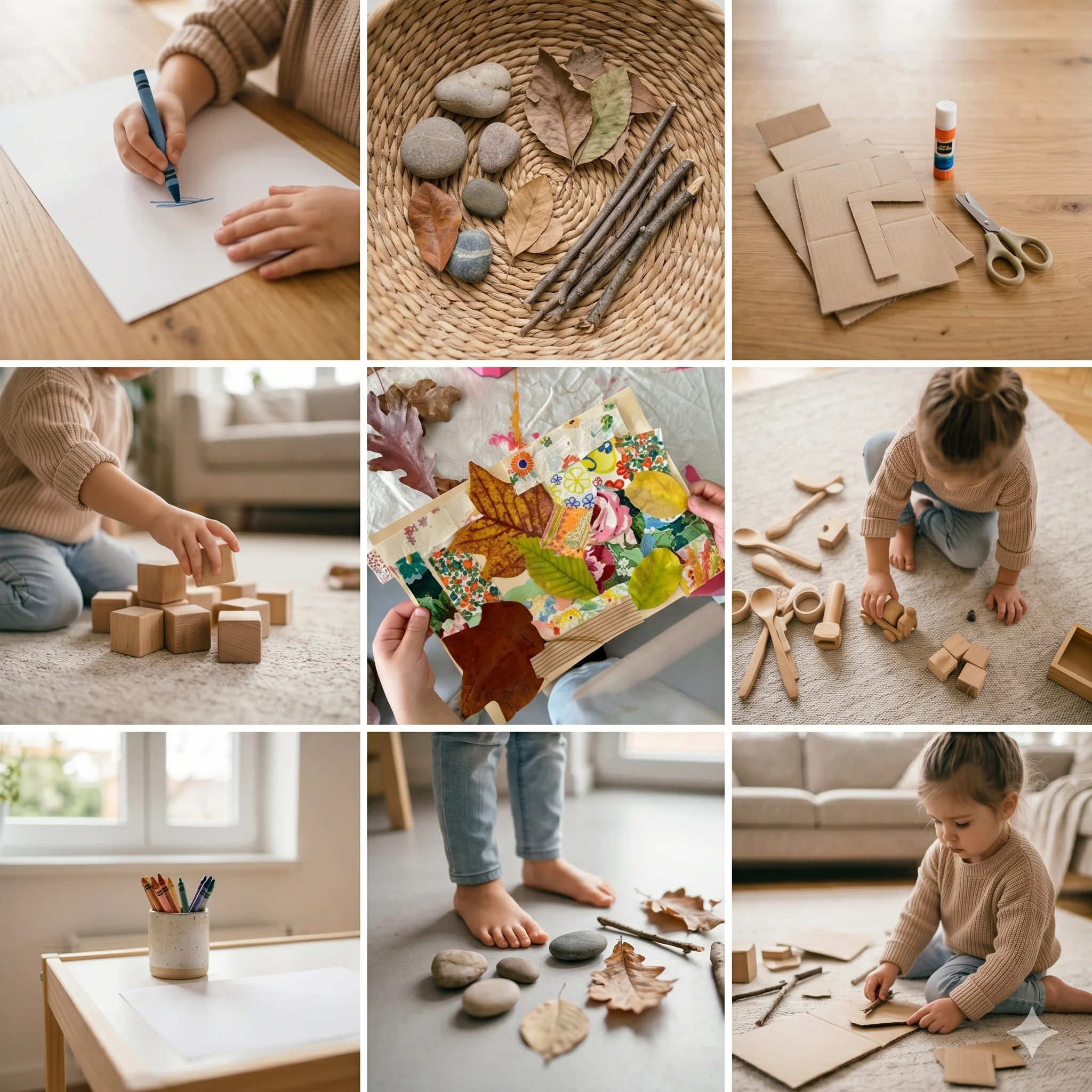 Collage aus verschiedenen Bildern. Naturmaterialien, KInd beim spielen und Set-up für KInder