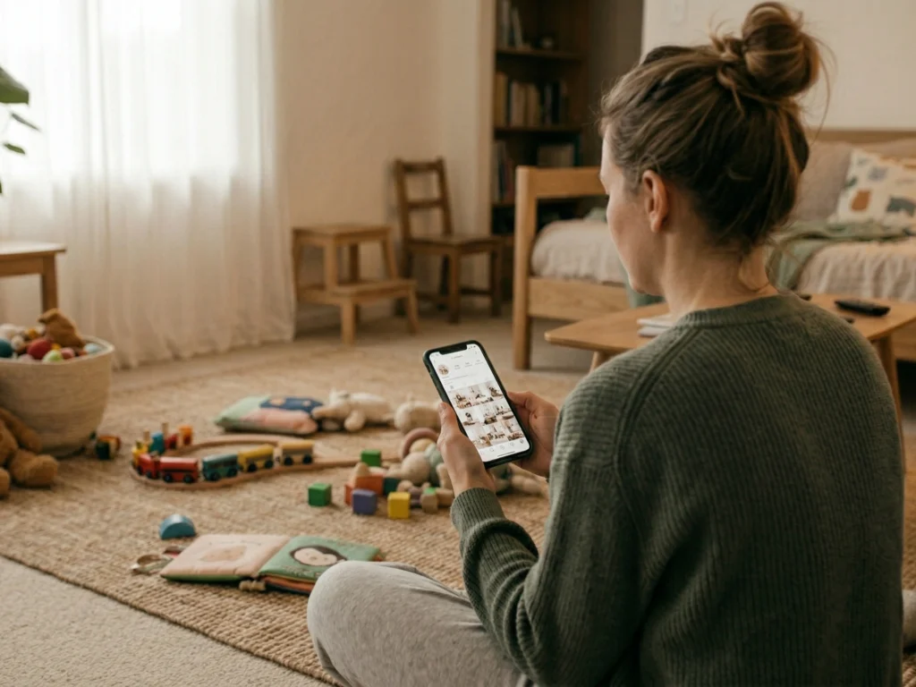 Frau mit Handy in gemütlichem Wohnzimmer