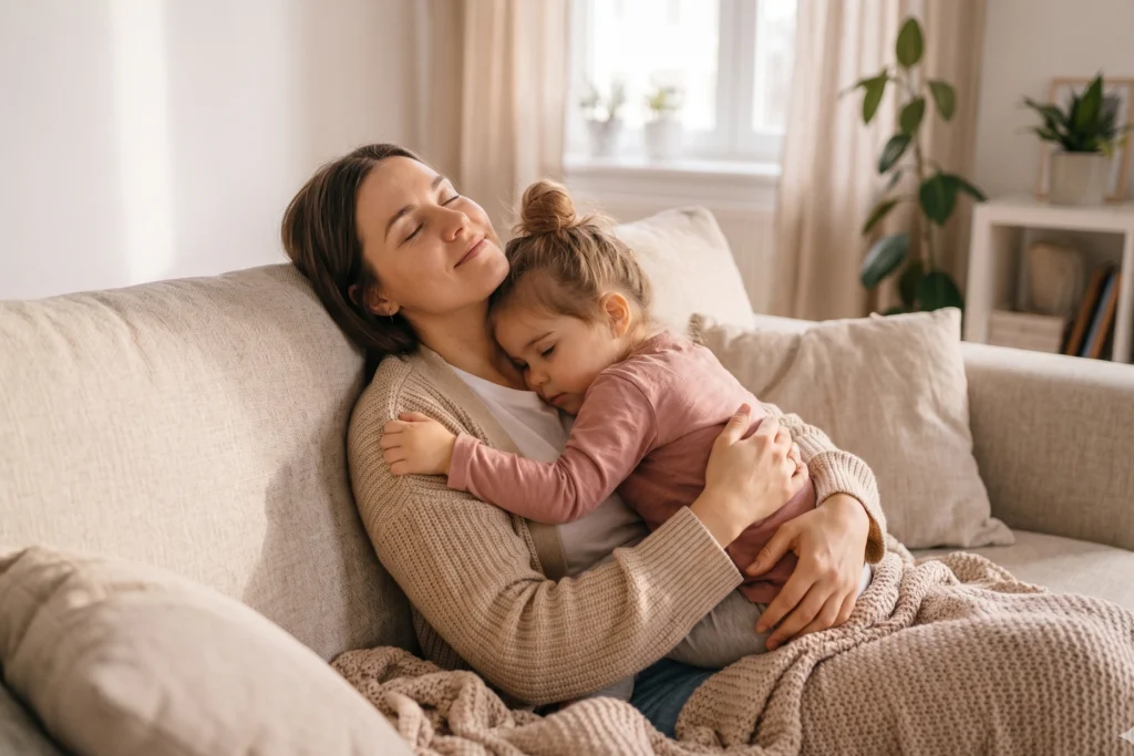Kleines Kind kuschelt mit Mutter auf dem Sofa, ein warmer, emotionaler Moment