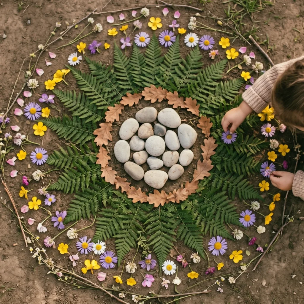 Kind legt im Garten ein Mandala aus Naturmaterialien