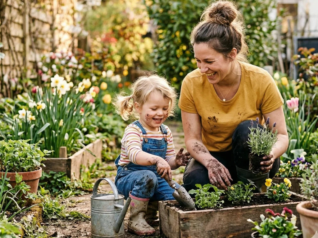 Mutter und Kind arbeiten im Garten und sind leicht verdreckt aber glücklich
