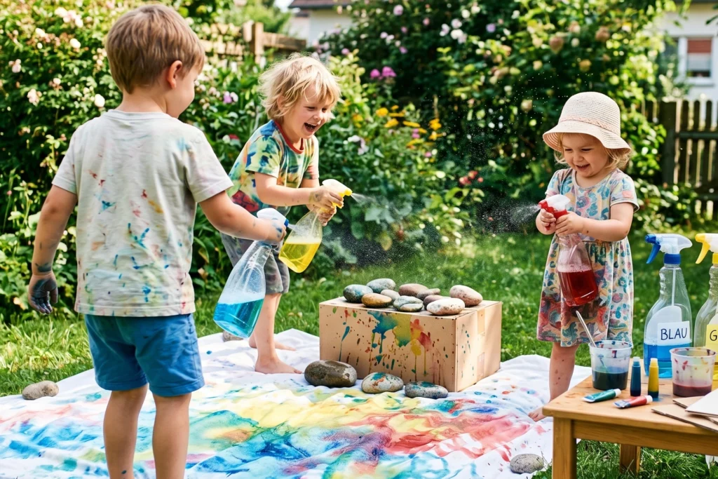 Kinder sprühen mit Wasserfarbe im Garten.