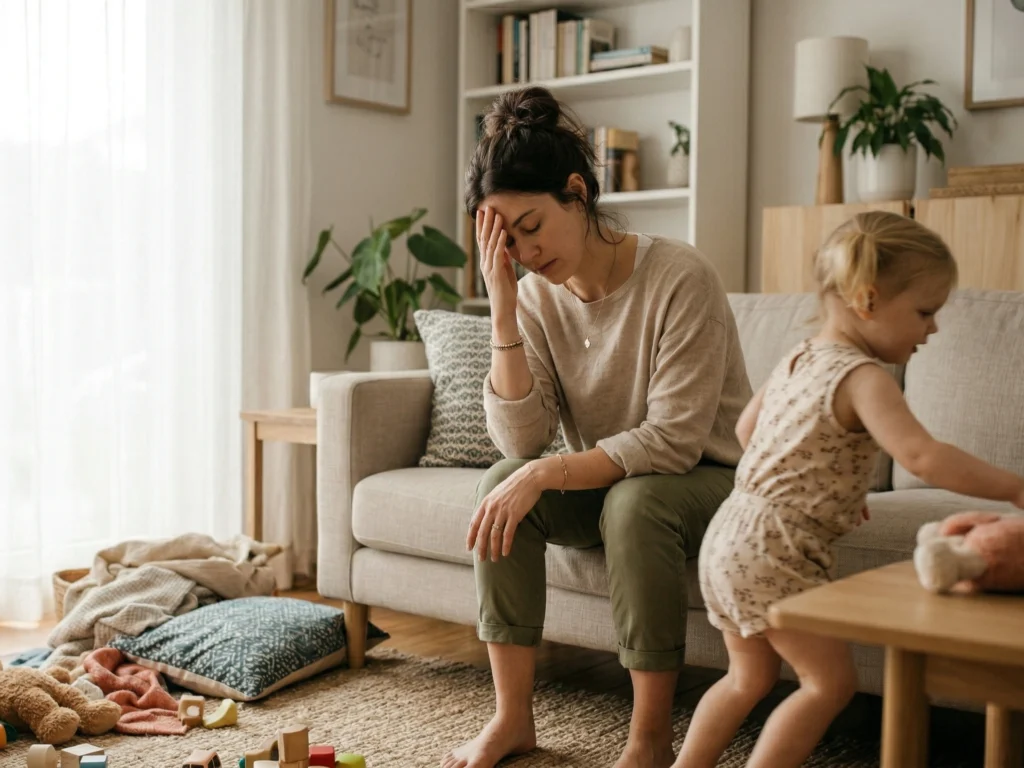 Mutter mit Stress, Kind spielt daneben.