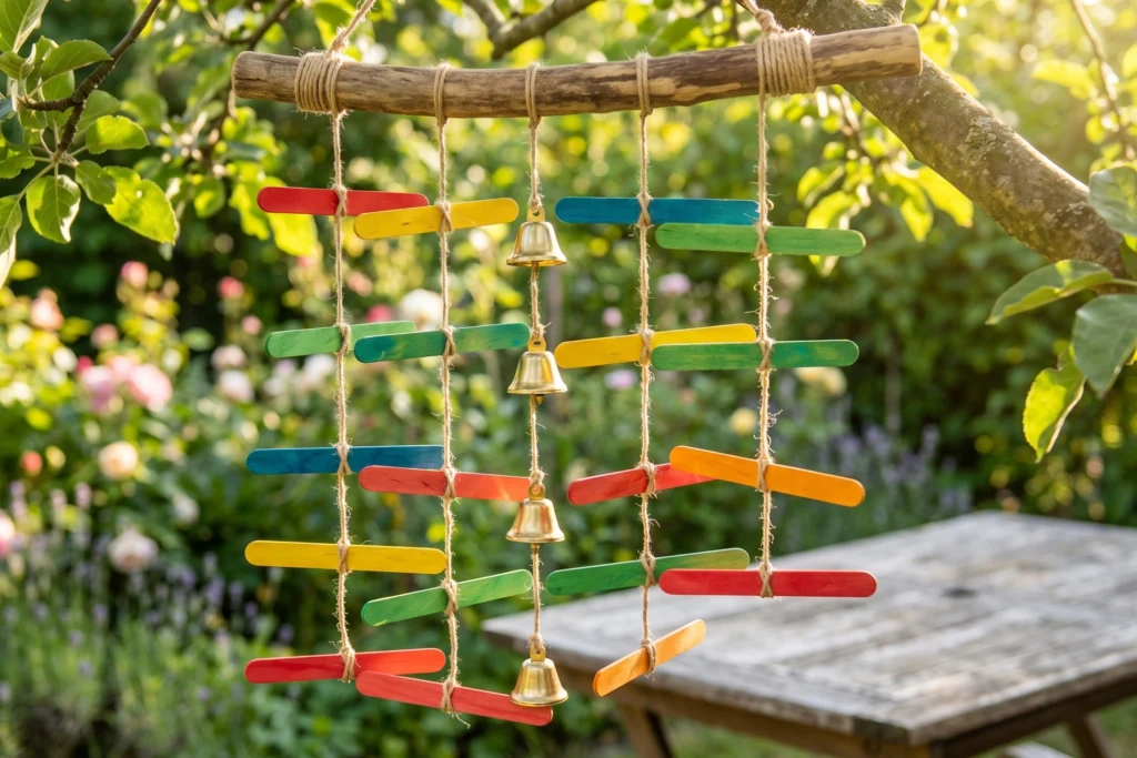 Ein Windspiel aus Eisstielen am Baum