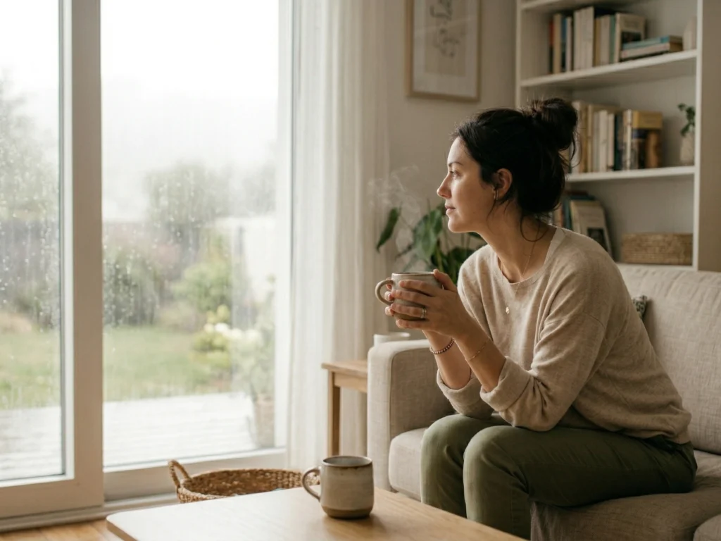Frau sitzt nachdenklich am Fenster und trinkt Kaffee.