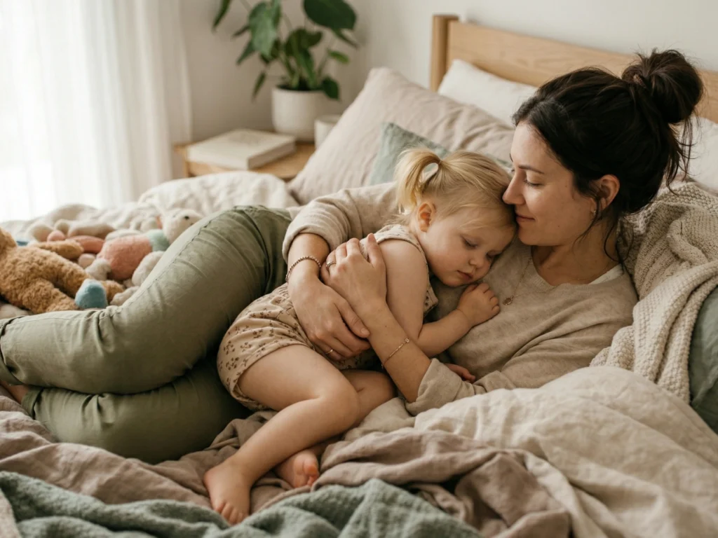 Mutter umarmt schlafendes Kind im Bett