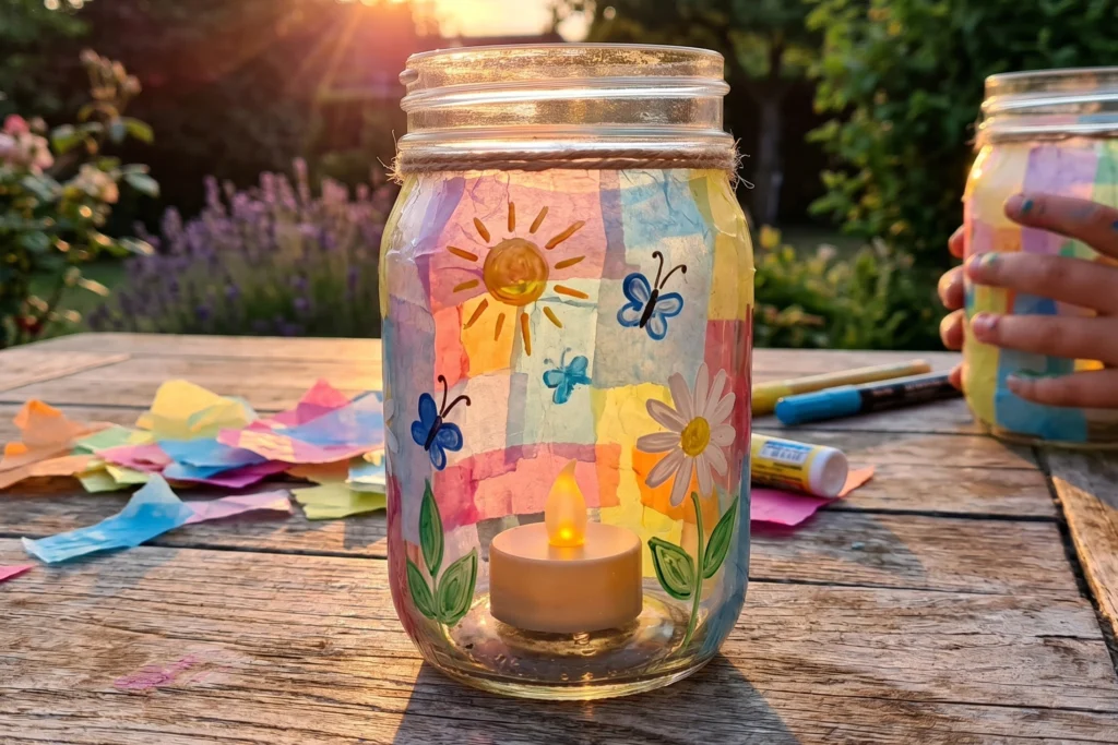 Windlicht mit Transparentpapier gebastelt in der Abendsonne
