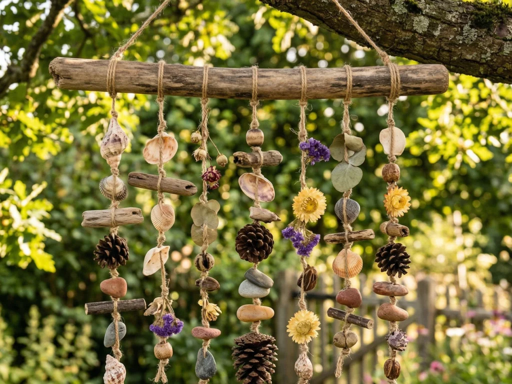 Ein Windspiel aus Naturmaterialien hängt an einem Baum