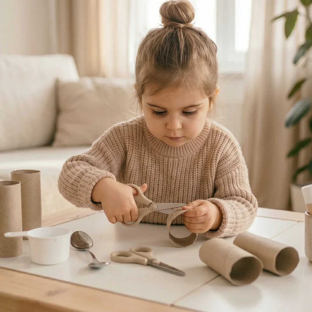 Kind bastelt am Tisch mit Klopapierrollen