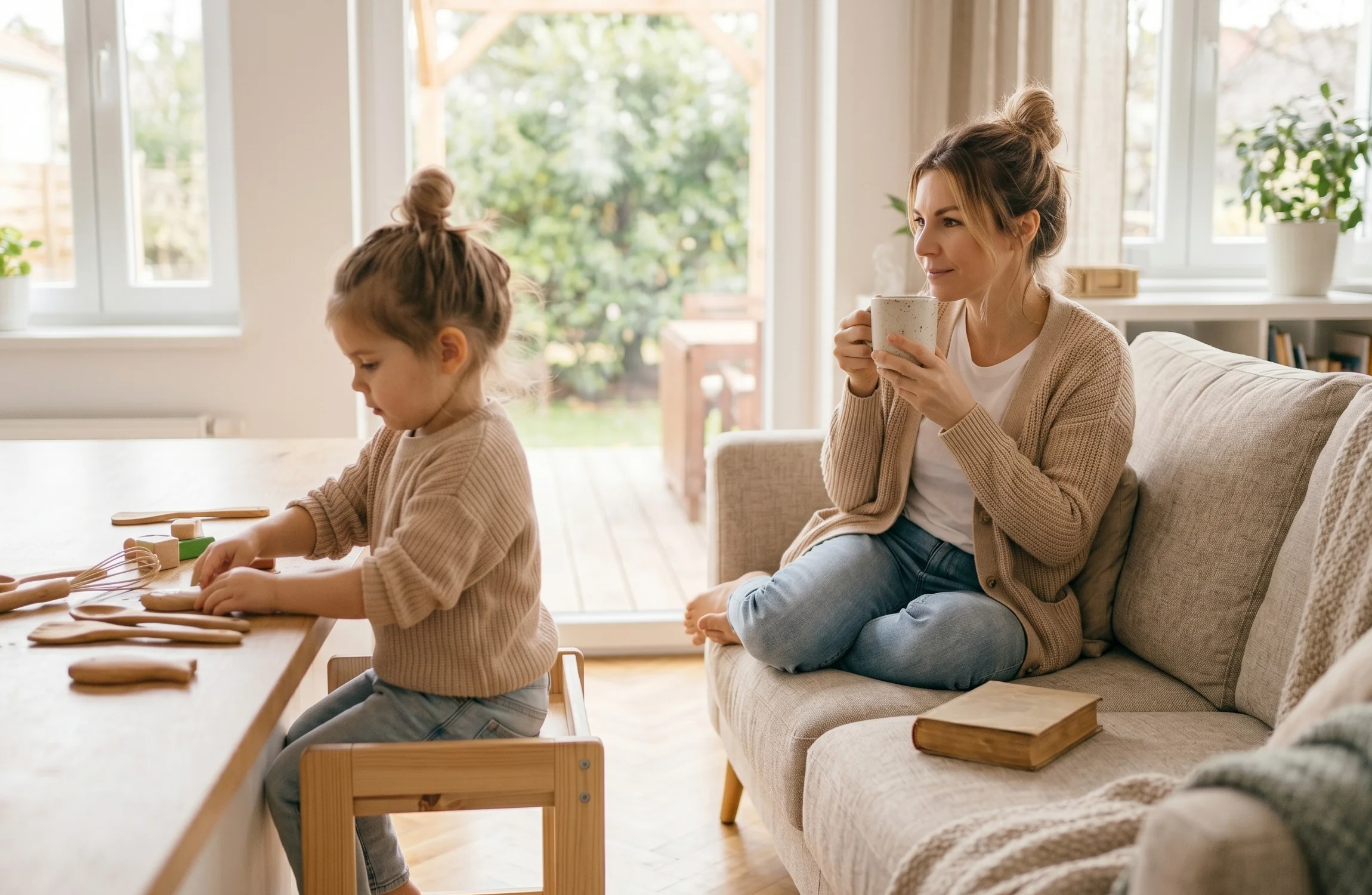 Mama entspannt auf dem Sofa mit Kaffee und Kind beschäftigt sich selbstständig