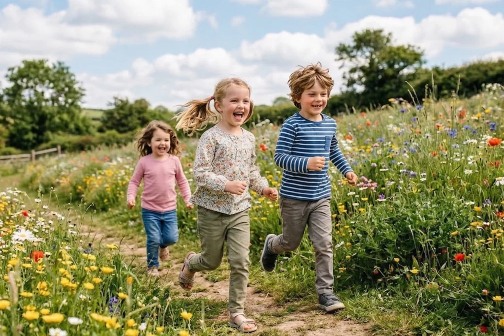 Kinder laufen lachend über eine Blumenwiese. Outdoor-Ideen für Kinder.