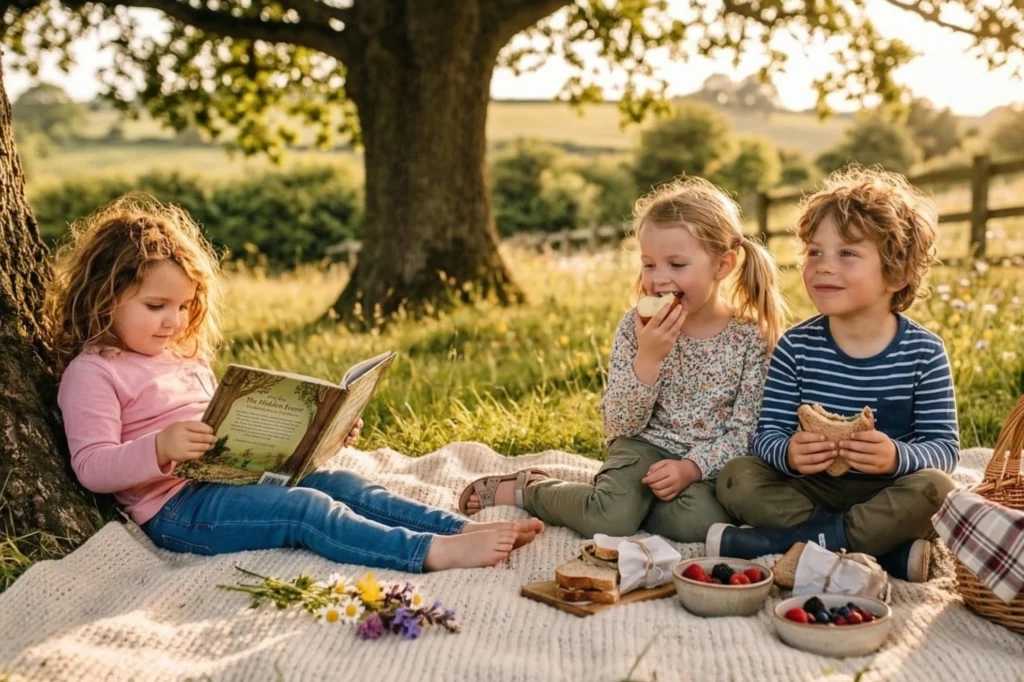 Kinder sitzen unter einem Baum und Picknicken. Ein Kind liest ein Buch