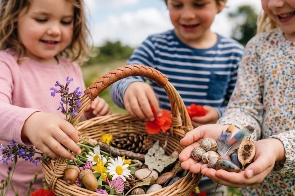 Kinder haben in einem Körbchen gesammelte Naturmaterialien