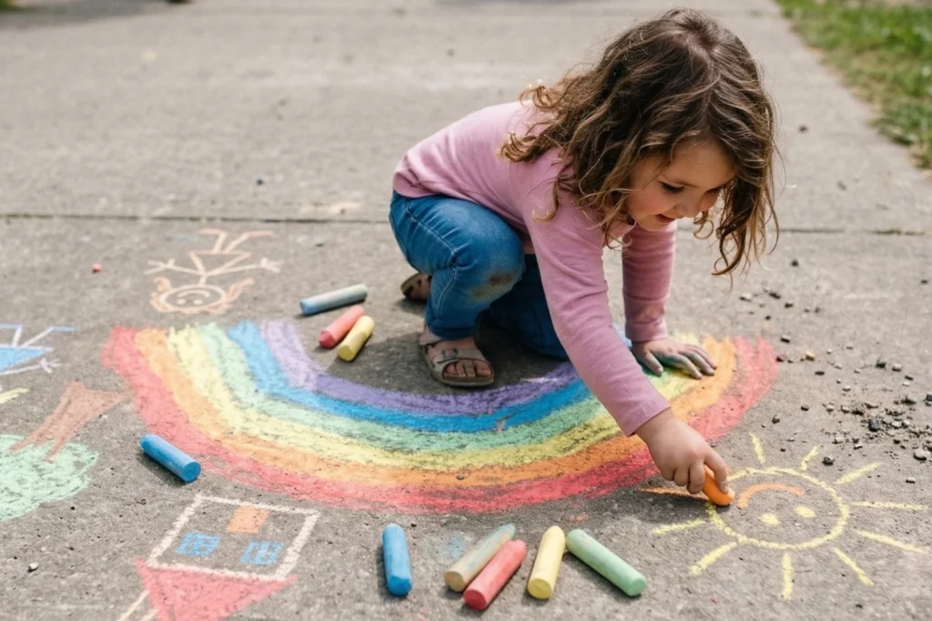 Kind malt auf dem Gehweg mit bunter Straßenkreide einen Regenbogen