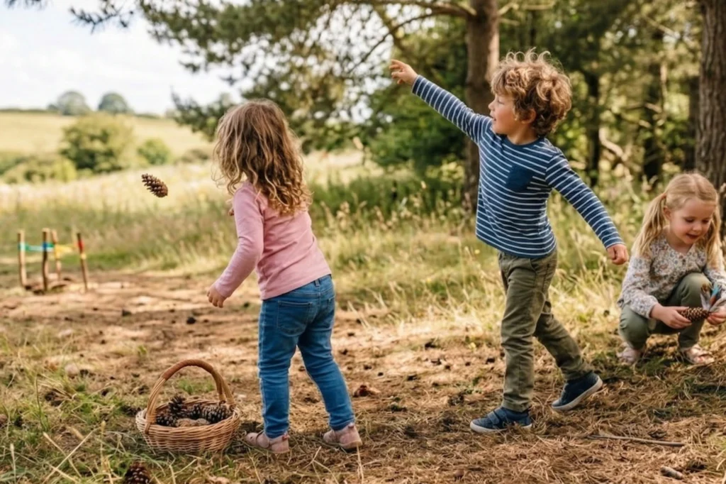 Kinder spielen Weitwurf mit Tannenzapfen